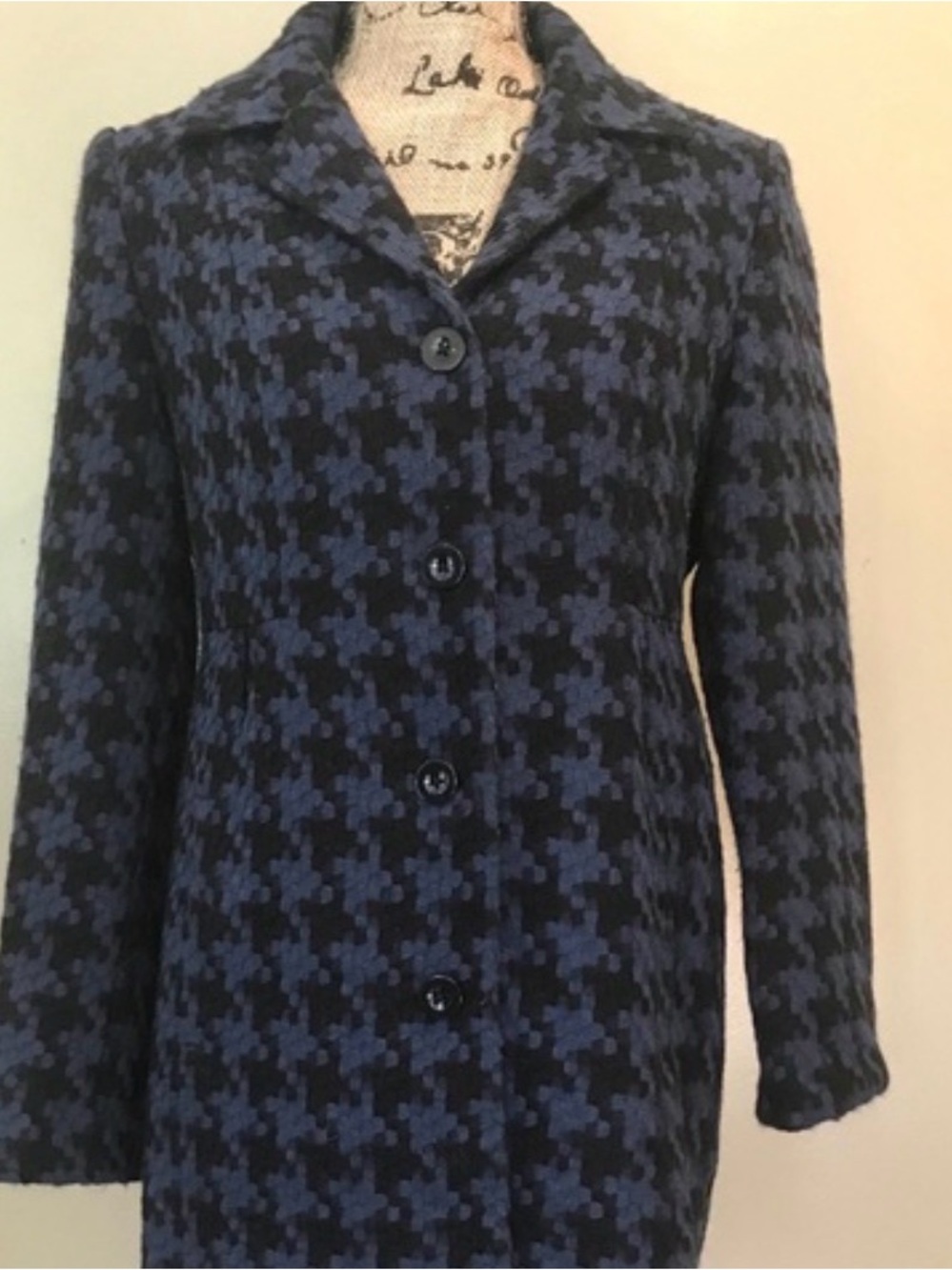 0210 Access Blue and Black Houndstooth Button-Front Pea Coat